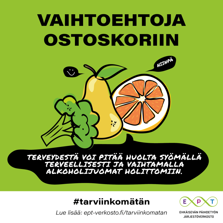 Vaihtoehtoja ostoskoriin: Terveydestä voi pitää huolta syömällä terveellisesti ja vaihtamalla alkoholijuomat holittomiin.