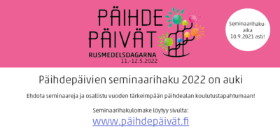 Päihdepäivien seminaarihaku 2022 on auki. Ehdota seminaareja ja osallistu vuoden tärkeimpään päihdealan koulutustapahtumaan! Seminaarihakulomake löytyy sivulta www.päihdepäivät.fi