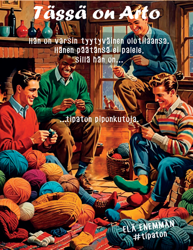 Tässä on Arto. Hän on varsin tyytyväinen olotilaansa. Hänen päätänsä ei palele, sillä hän on... Tipaton piponkutoja.