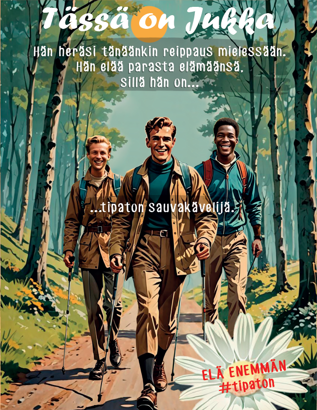 Tässä on Jukka. Hän heräsi tänäänkin reippaus mielessään. Hän elää parasta elämäänsä, sillä hän on... Tipaton sauvakävelijä.