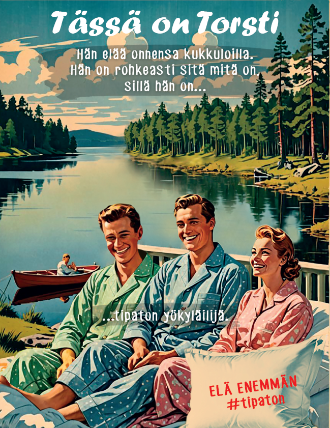 Tässä on Torsti. Hän elää onnensa kukkuloilla. Hän on rohkeasti sitä mitä on, sillä hän on... Tipaton yökyläilijä.